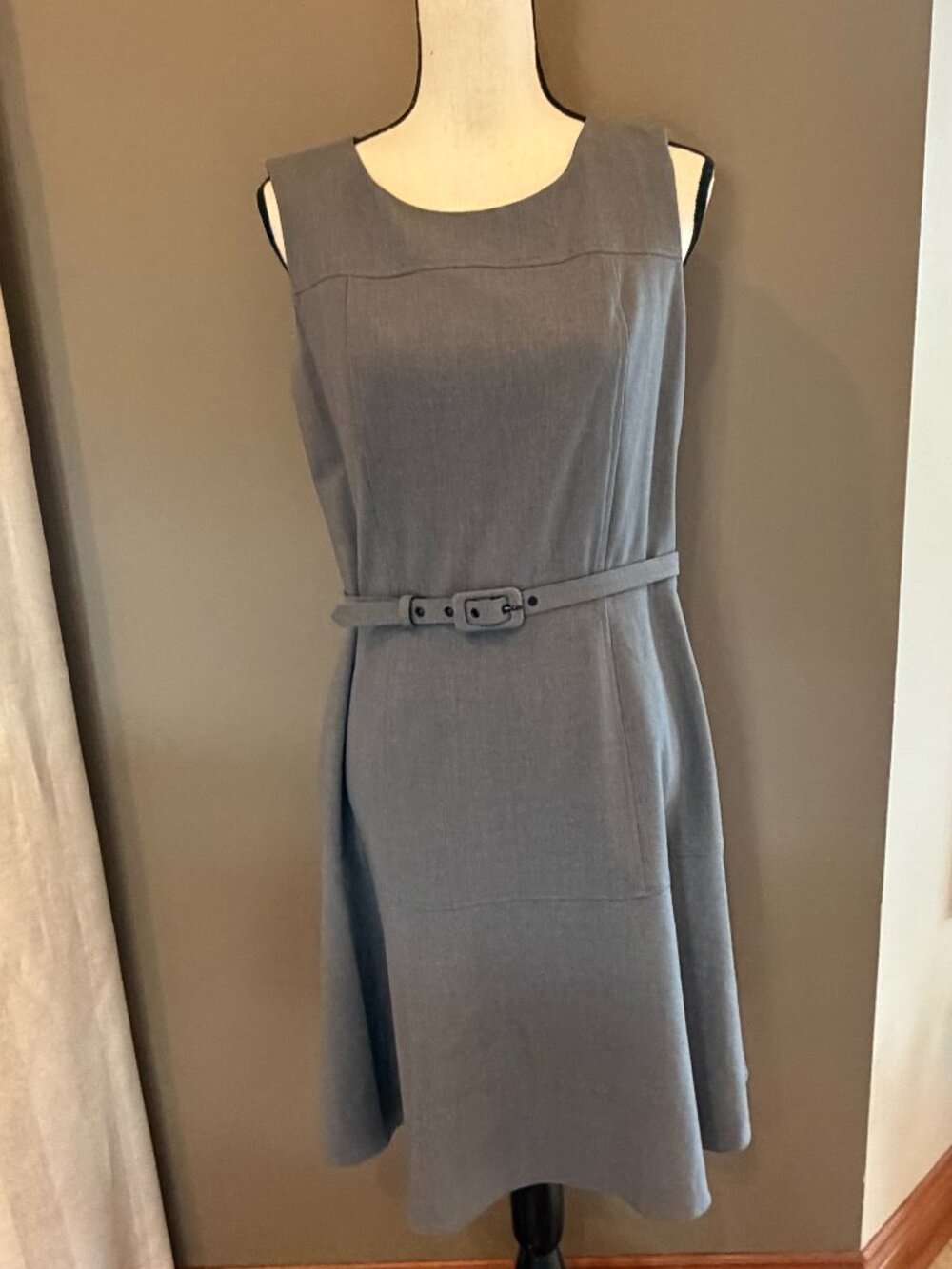 Nine West Steel Gray Belted Fit & Flare Sheath Dress, Office Neutral, Size 8